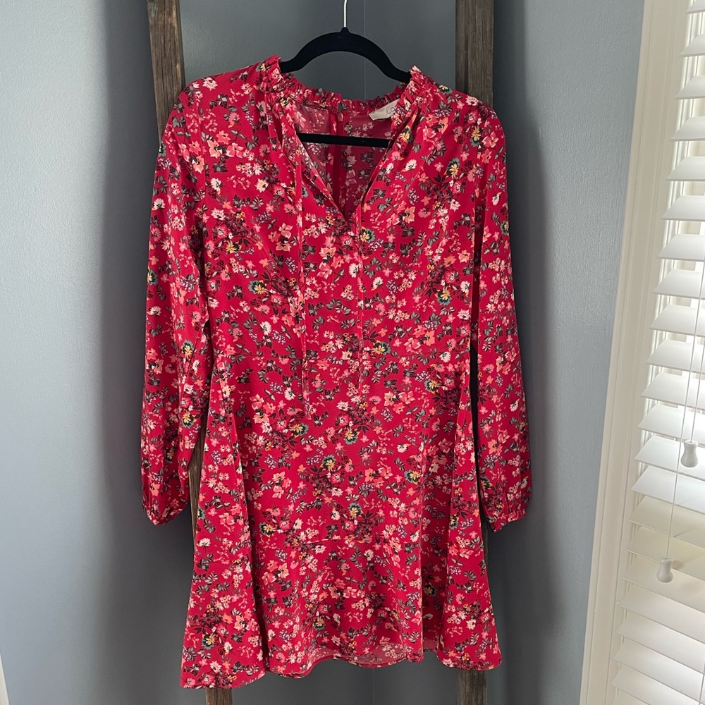 Loft long sleeve vibrant floral red dress size 4